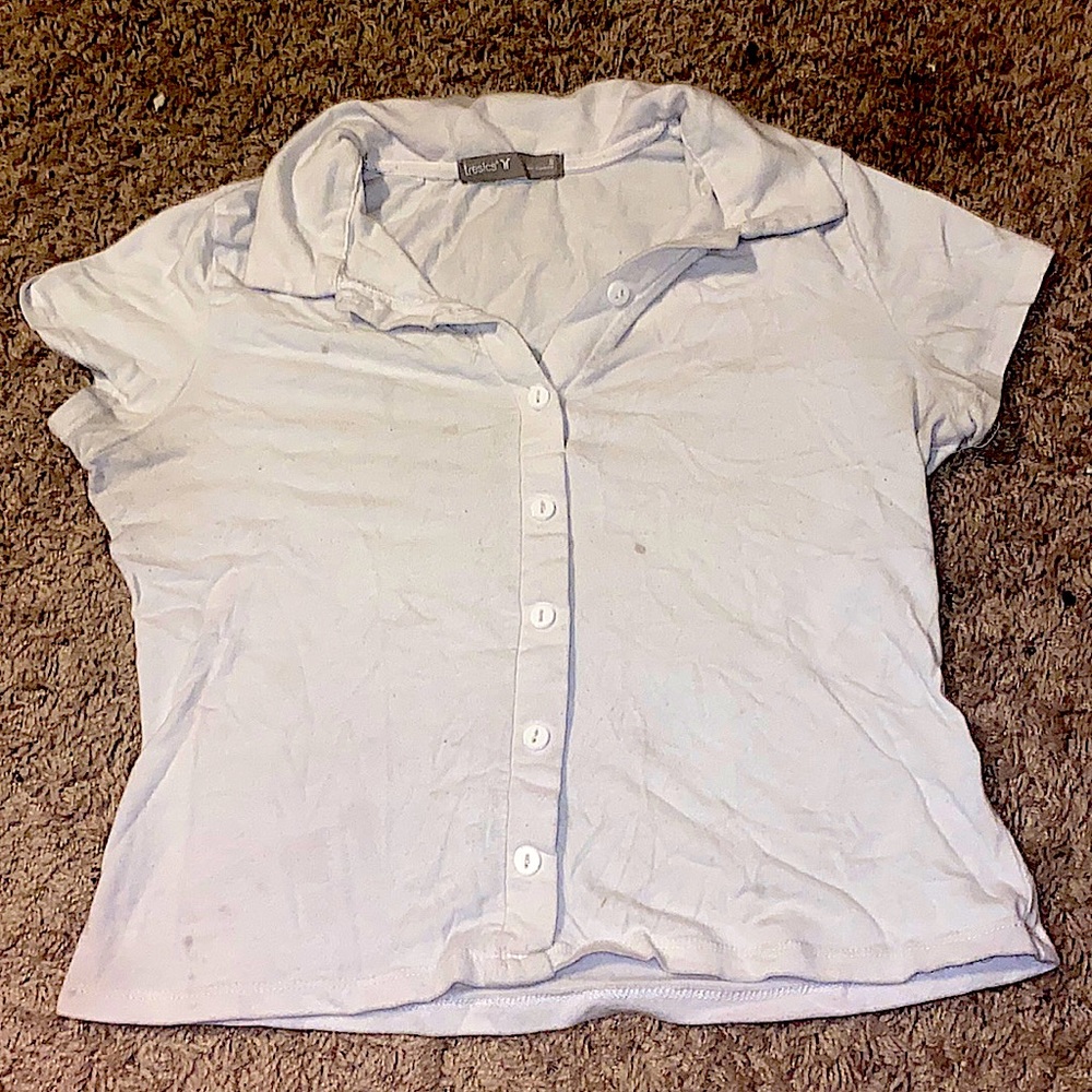 White Mock Button Collared Crop Top.